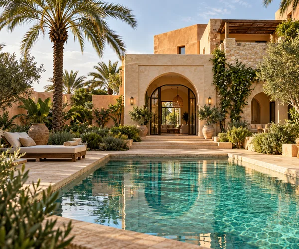 Resort with a sunlit stone archway, palms and a swimming pool